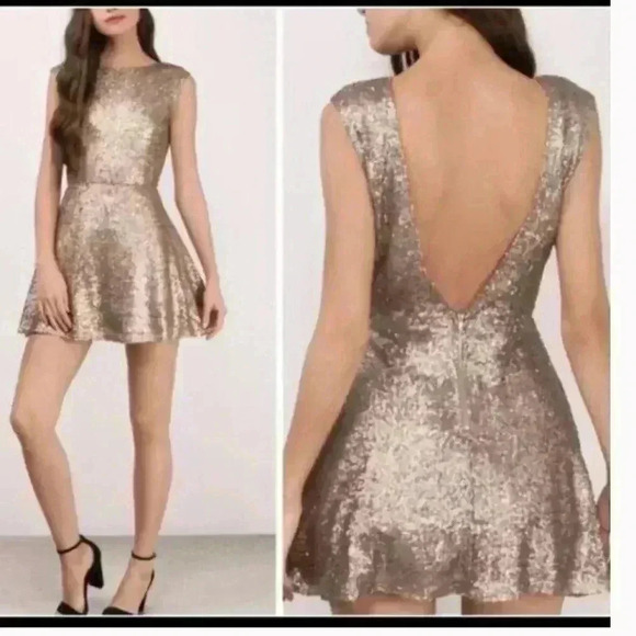 TOBI Vina Sequin Gold Dress Small Fit & Flare Open Back Short Tulle & Lined - Picture 1 of 9